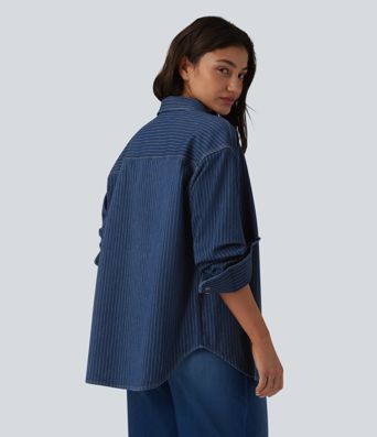 Halara Flex™ Long Sleeve Stripe Denim Casual Shirt with Pocket