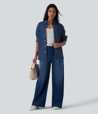 Halara Flex™ Long Sleeve Stripe Denim Casual Shirt with Pocket