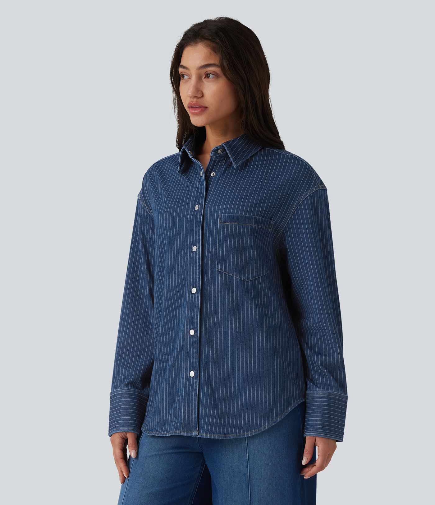 Halara Flex™ Long Sleeve Stripe Denim Casual Shirt with Pocket