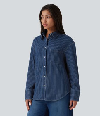 Halara Flex™ Long Sleeve Stripe Denim Casual Shirt with Pocket