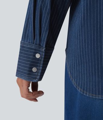Halara Flex™ Long Sleeve Stripe Denim Casual Shirt with Pocket
