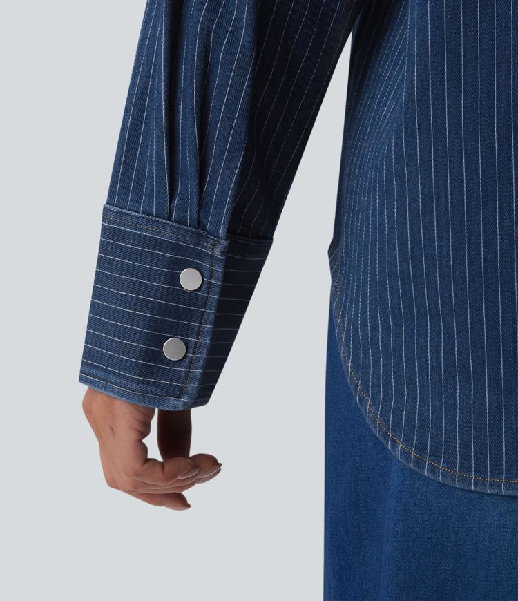 Halara Flex™ Long Sleeve Stripe Denim Casual Shirt with Pocket