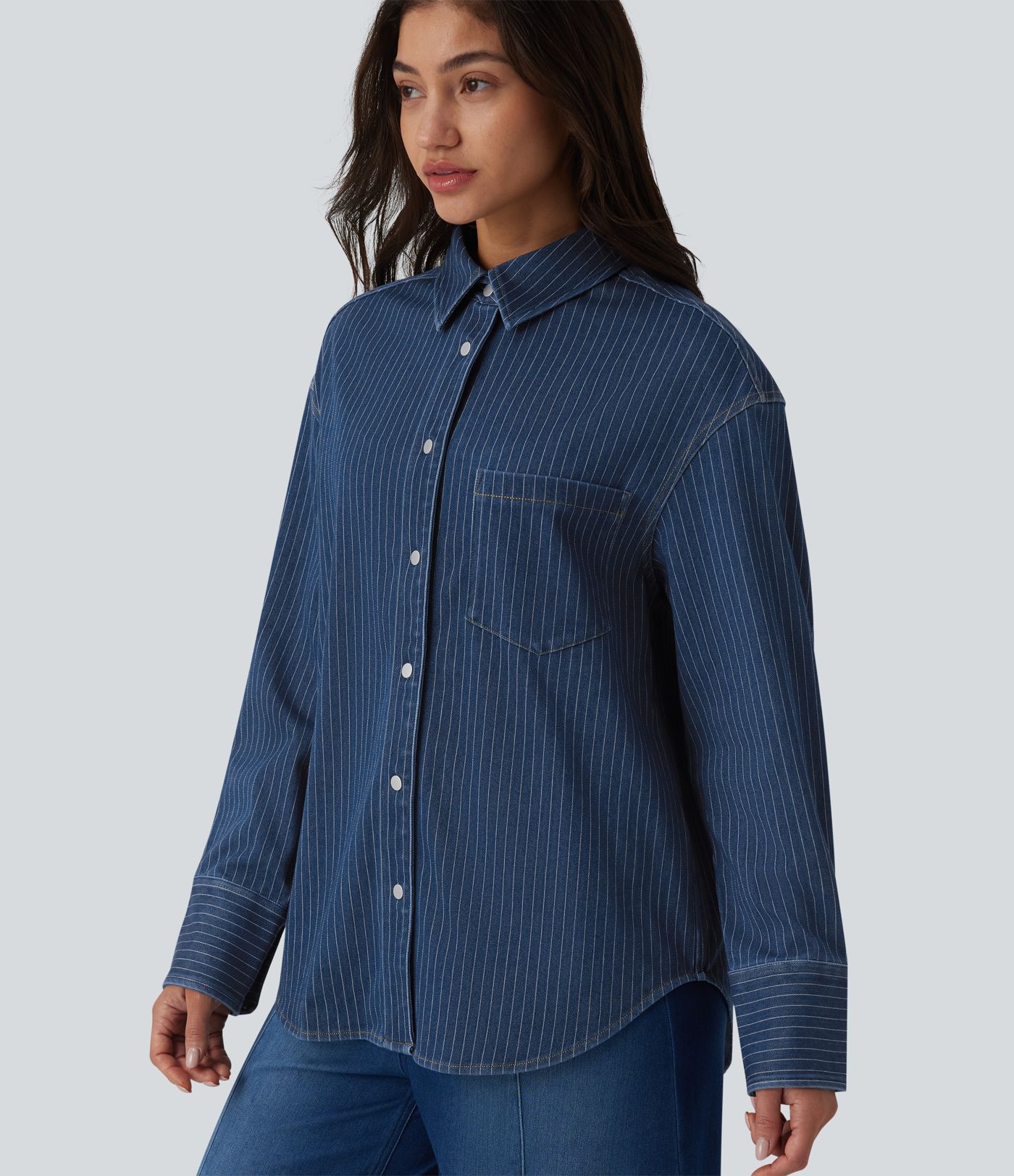 Halara Flex™ Long Sleeve Stripe Denim Casual Shirt with Pocket