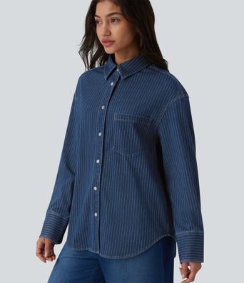 Halara Flex™ Long Sleeve Stripe Denim Casual Shirt with Pocket