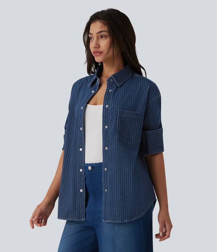 Halara Flex™ Chemise décontractée en denim à rayures, manches longues, avec poche