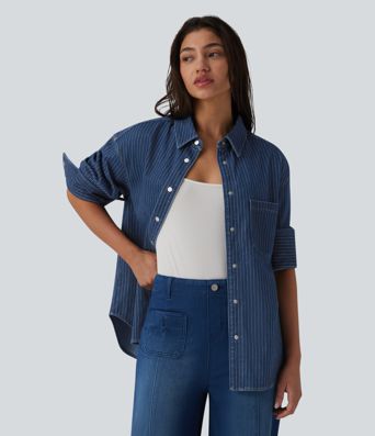 Halara Flex™ Long Sleeve Stripe Denim Casual Shirt with Pocket