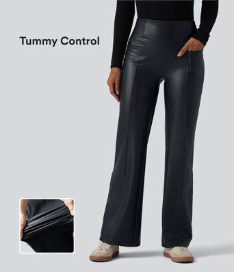 High Waisted Tummy Control Stretchy PU Casual Flare Pants with Pockets