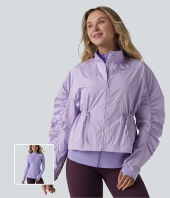 Durable Water Repellent Stand Collar Ruched Sleeve Drawstring Thumb Holes Hiking 3-in-1 Jacket with Pockets