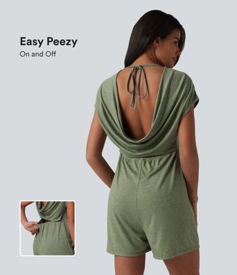 Cowl-back V-neck Cap Sleeve Heathered Casual Romper with Pockets-Easy Peezy