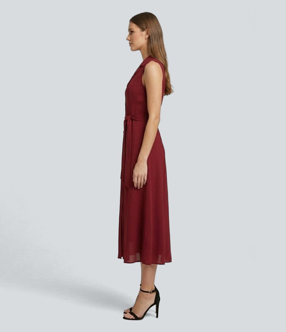 Wrinkle-resistant Sleeveless Button Fly Belted Midi Party Shirt Dress 