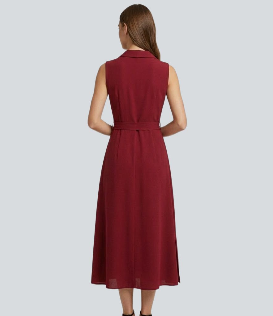 Wrinkle-resistant Sleeveless Button Fly Belted Midi Party Shirt Dress 