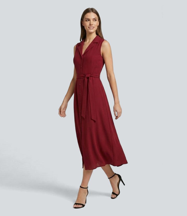 Wrinkle-resistant Sleeveless Button Fly Belted Midi Party Shirt Dress 