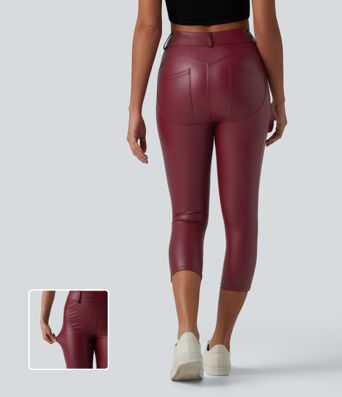 Leggings Capri décontractés taille haute en PU extensible avec poches