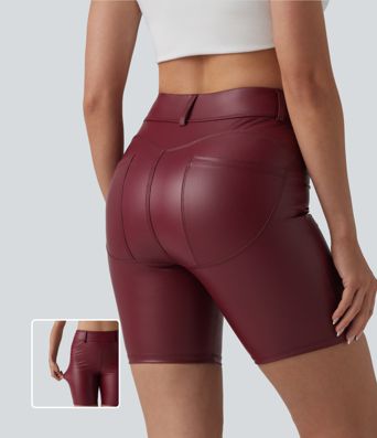 Lässige Biker-Shorts aus elastischem Kunstleder mit hohem Bund und Gesäßtaschen - 17,8 cm
