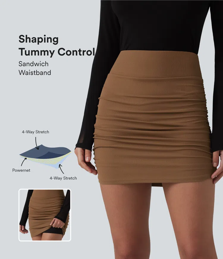 Ribbed High Waisted Tummy Control Ruched Curved Hem 2-in-1 Mini Bodycon Party Skirt