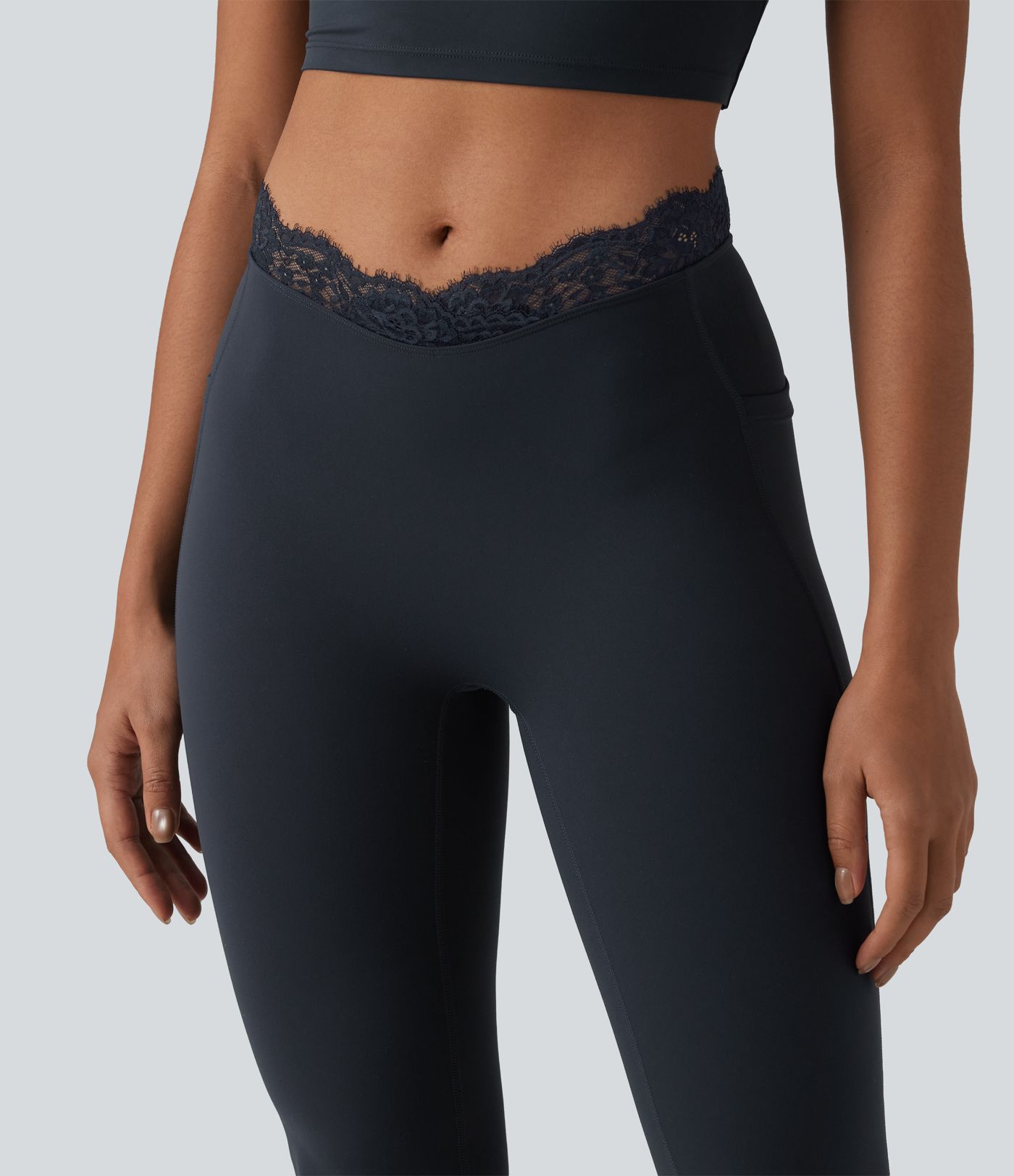Halara UltraSculpt™ V-Shaped High Waisted Contrast Lace Yoga Flare Leggings with Pockets