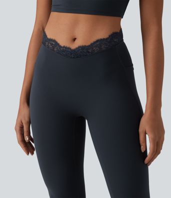 Halara UltraSculpt™ V-Shaped High Waisted Contrast Lace Yoga Flare Leggings with Pockets
