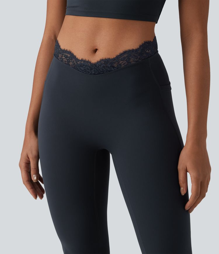 Halara UltraSculpt™ V-Shaped High Waisted Contrast Lace Yoga Flare Leggings with Pockets