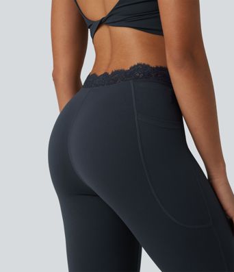 Halara UltraSculpt™ V-Shaped High Waisted Contrast Lace Yoga Flare Leggings with Pockets