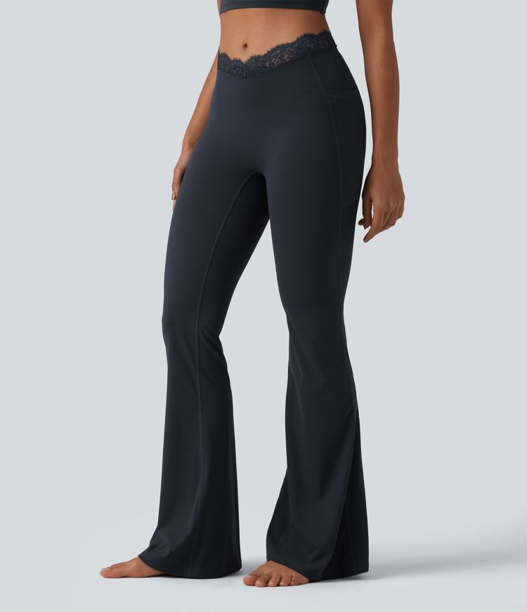 Halara UltraSculpt™ V-Shaped High Waisted Contrast Lace Yoga Flare Leggings with Pockets