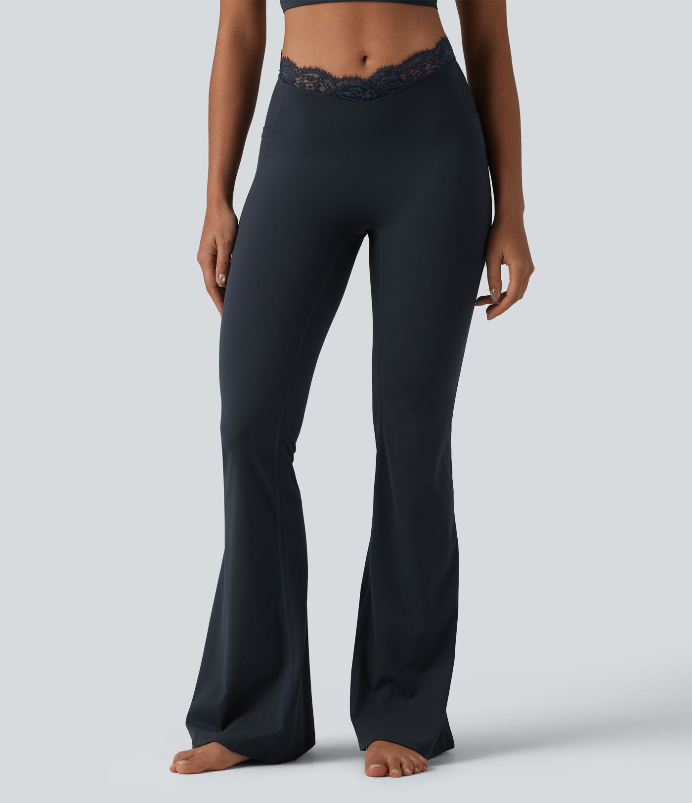 Halara UltraSculpt™ V-Shaped High Waisted Contrast Lace Yoga Flare Leggings with Pockets