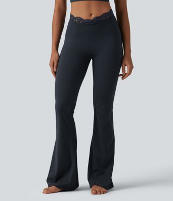Halara UltraSculpt™ V-Shaped High Waisted Contrast Lace Yoga Flare Leggings with Pockets