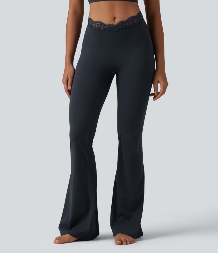 Halara UltraSculpt™ V-Shaped High Waisted Contrast Lace Yoga Flare Leggings with Pockets
