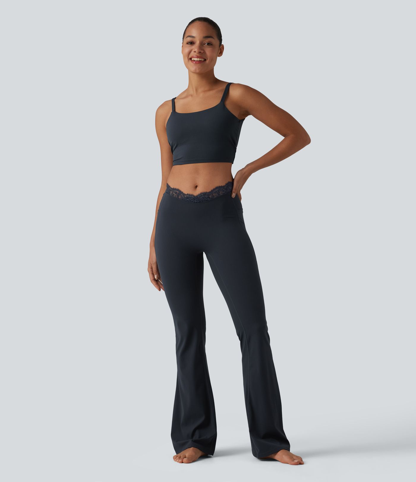 Halara UltraSculpt™ V-Shaped High Waisted Contrast Lace Yoga Flare Leggings with Pockets