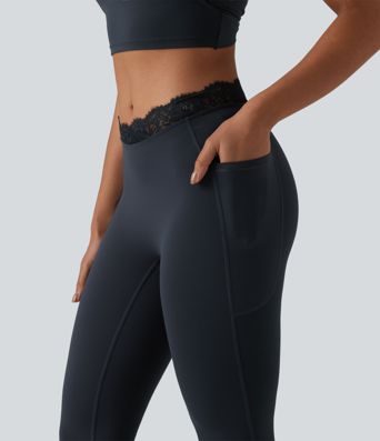 Halara UltraSculpt™ V-Shaped High Waisted Contrast Lace Yoga Flare Leggings with Pockets