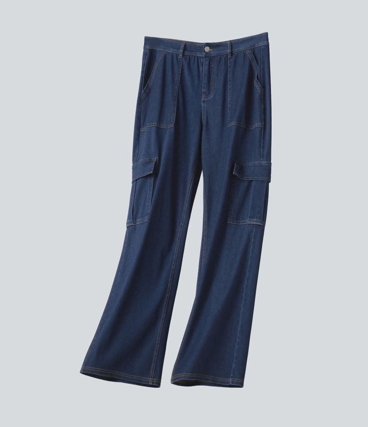 Halara Flex™ cargo-jeans i drapert lyocell, middels høy midje, vasket, avslappet, rett ben, med lommer