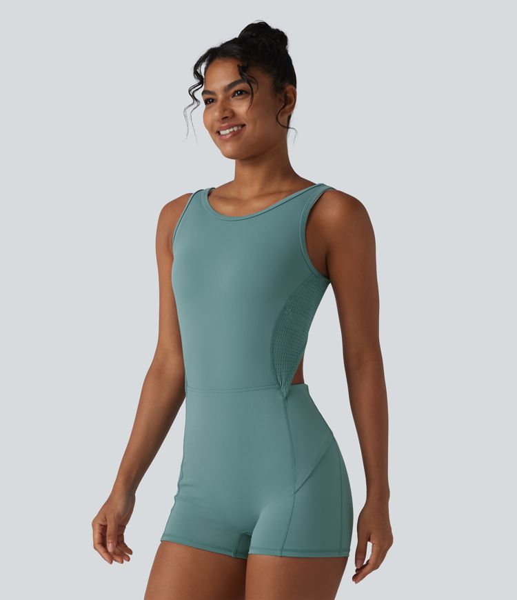 Backless Sleeveless Pockets Breathable Mesh Yoga Romper with Detachable Skirt-Easy Peezy
