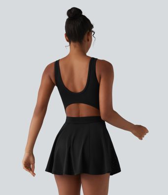 Backless Sleeveless Pockets Breathable Mesh Yoga Romper with Detachable Skirt-Easy Peezy