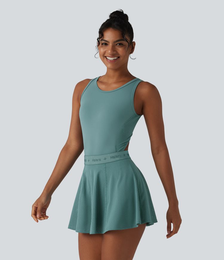 Backless Sleeveless Pockets Breathable Mesh Yoga Romper with Detachable Skirt-Easy Peezy