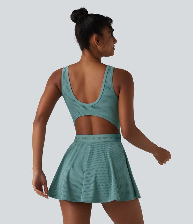 Backless Sleeveless Pockets Breathable Mesh Yoga Romper with Detachable Skirt-Easy Peezy