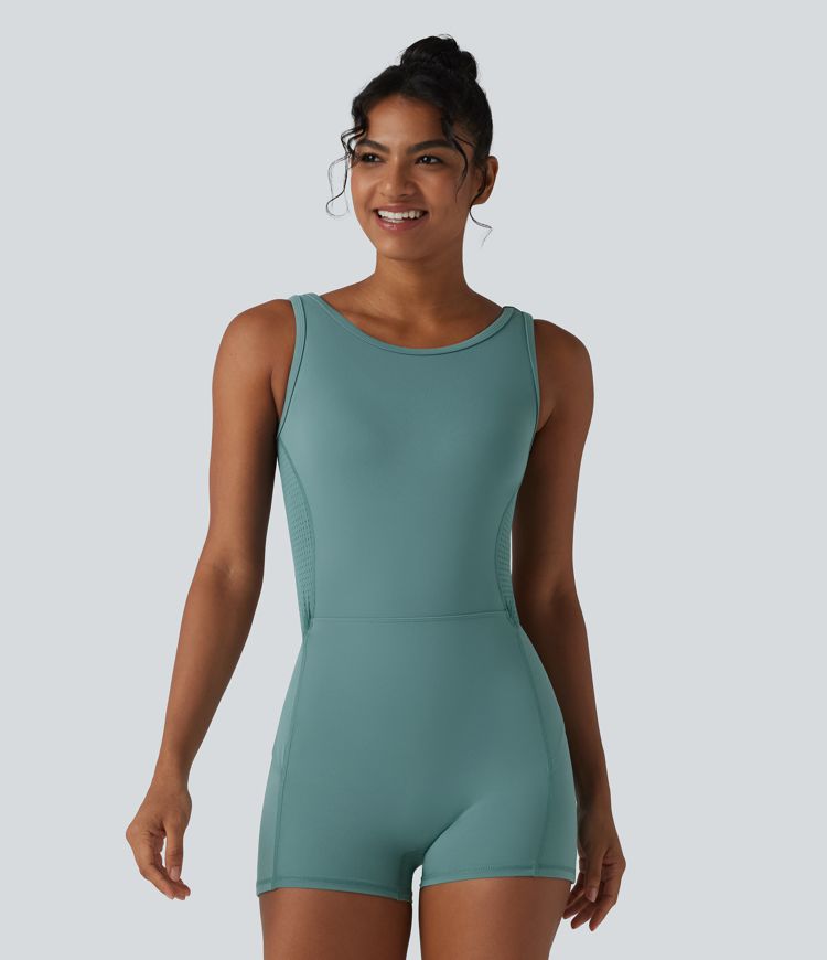 Backless Sleeveless Pockets Breathable Mesh Yoga Romper with Detachable Skirt-Easy Peezy