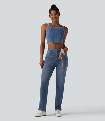 Jean droit décontracté Halara Flex™ galbe taille haute avec fente et poches