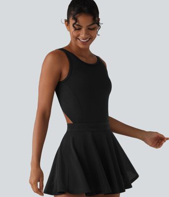 Backless Sleeveless Pockets Breathable Mesh Yoga Romper with Detachable Skirt-Easy Peezy