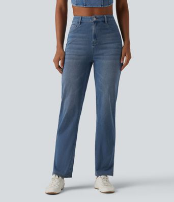 Jean droit décontracté Halara Flex™ galbe taille haute avec fente et poches