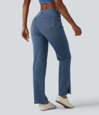 Jean droit décontracté Halara Flex™ galbe taille haute avec fente et poches