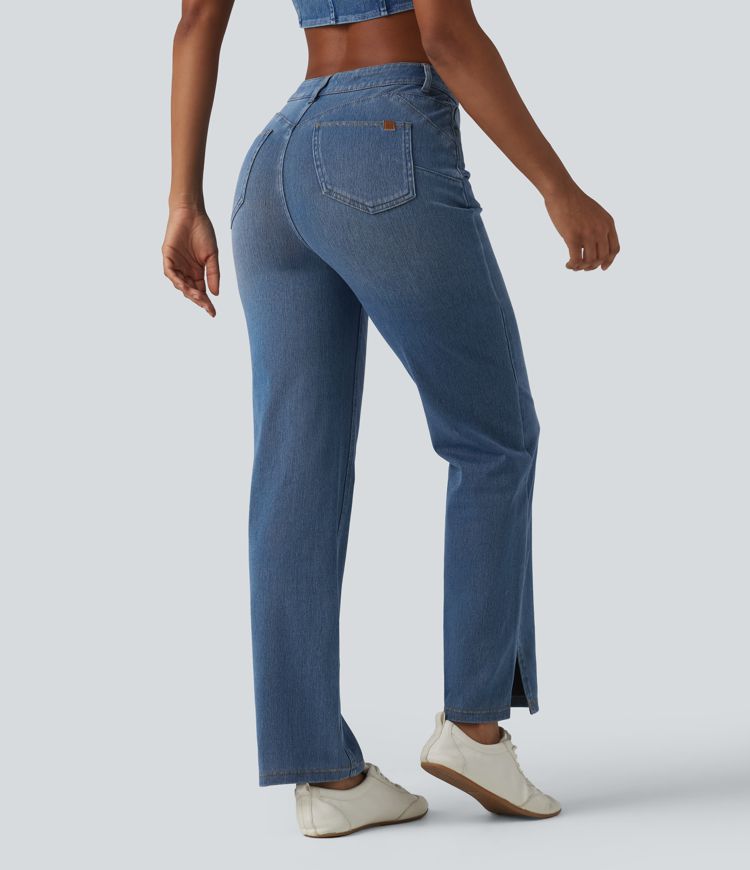 Jean droit décontracté Halara Flex™ galbe taille haute avec fente et poches