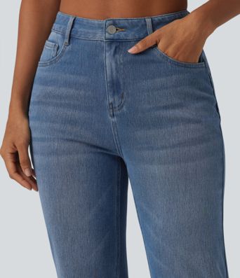 Jean droit décontracté Halara Flex™ galbe taille haute avec fente et poches