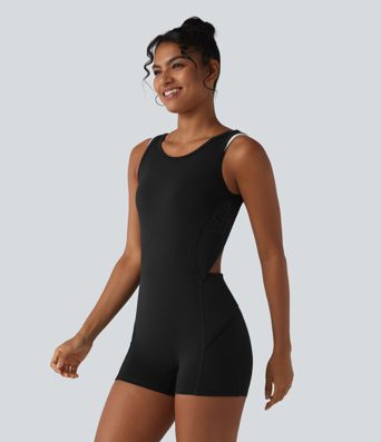 Backless Sleeveless Pockets Breathable Mesh Yoga Romper with Detachable Skirt-Easy Peezy