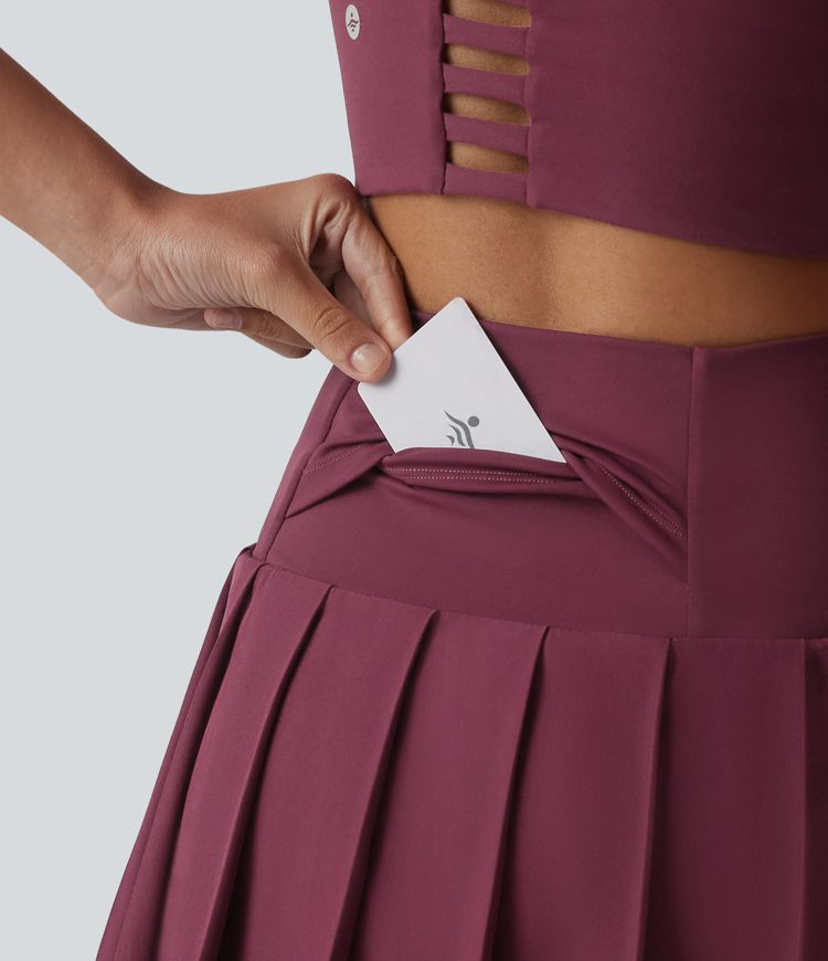 Breezeful™ Crossover High Waisted Pleated 2-in-1 Asymmetric Hem Quick Dry Mini Dance Skirt with Pockets