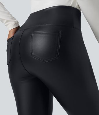 Casual high-waisted stretch cropped leggings in faux leather with pockets, designed to flatten the tummy and provide a flattering fit.