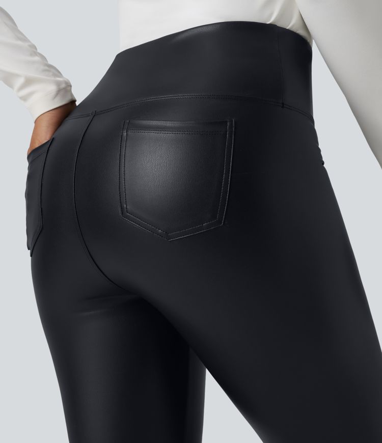 Casual high-waisted stretch cropped leggings in faux leather with pockets, designed to flatten the tummy and provide a flattering fit.