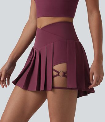 Breezeful™ Crossover High Waisted Pleated 2-in-1 Asymmetric Hem Quick Dry Mini Dance Skirt with Pockets