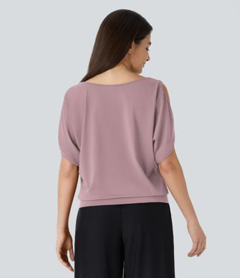 Boat Neck Short Sleeve Cut Out Casual T-Shirt
