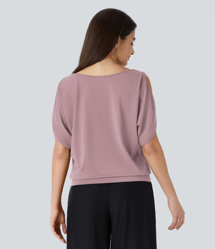Boat Neck Short Sleeve Cut Out Casual T-Shirt