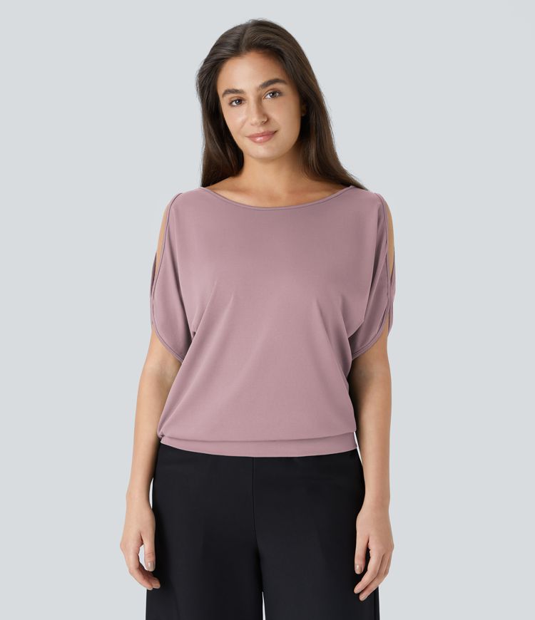 Boat Neck Short Sleeve Cut Out Casual T-Shirt