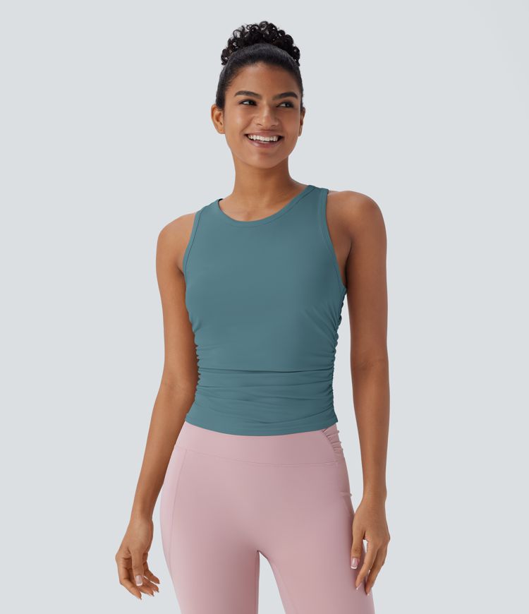 Round Neck Racerback Ruched Yoga Tank Top